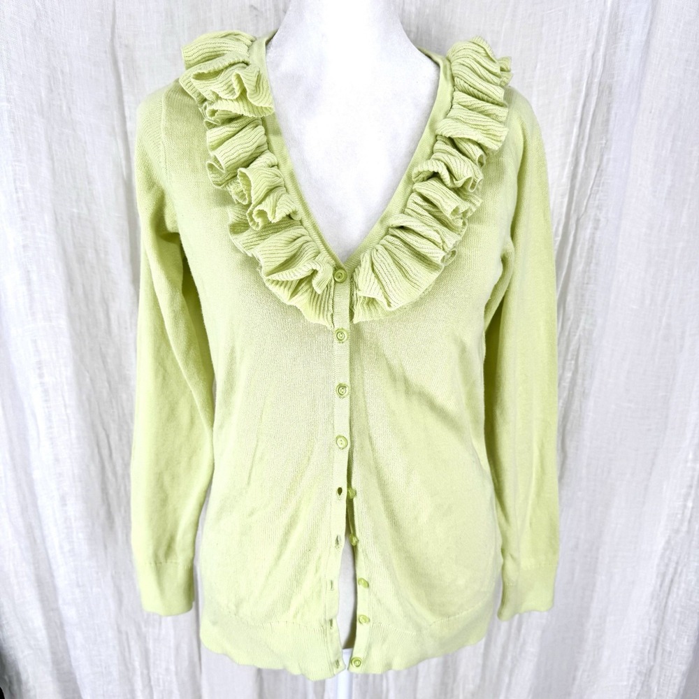 Green Ruffle Trim Cardigan Sweater XS Chic Cottage Whimsy Coquette Grandma Knit